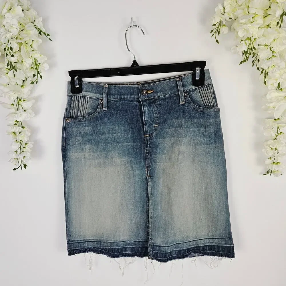Y2K Lee Denim Skirt Juniors 3 Frayed Hem Button Pockets Stretch Slit Front